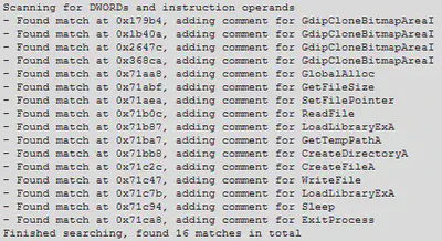 Output from a custom IDA Python script showing matches for shellcode hashes