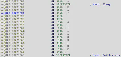 Screenshot of IDA Pro showing shellcode hashes