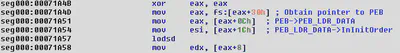 Screenshot of IDA Pro with code to locate the PEB