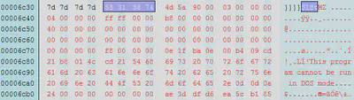 Screenshot of hex editor with an obfuscated PE header