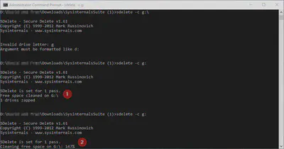 Screenshot of Windows command prompt showing sdelete running